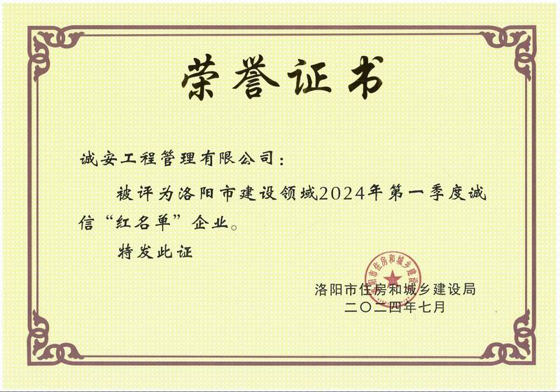 公司榮獲洛陽市建設領域2024年第1季度誠信紅名單企業(yè)